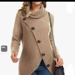 Grecerelle Tan Waffle knit cowl Asymmetric Hem Wrap sweater  cardigan Sz M